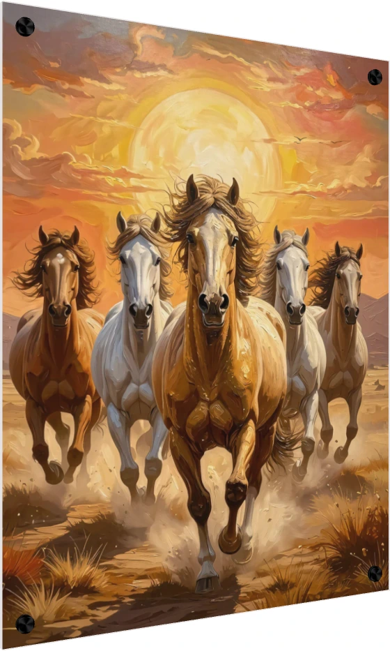 A powerful digital painting of five majestic horses galloping forward under a giant golden sun. — acrylic preview | PrintPosters.in
